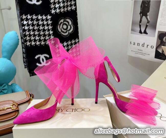 Good Quality Jimmy Choo Suede High Heel Pumps 10cm with Large Mesh Bow Hot Pink 032302