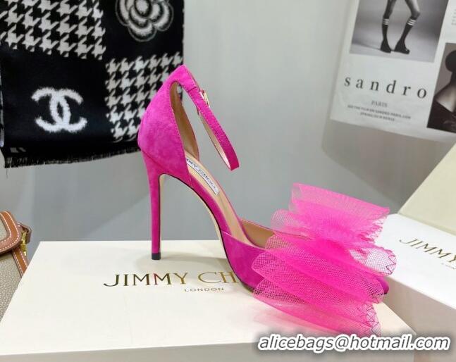 Good Quality Jimmy Choo Suede High Heel Pumps 10cm with Large Mesh Bow Hot Pink 032302