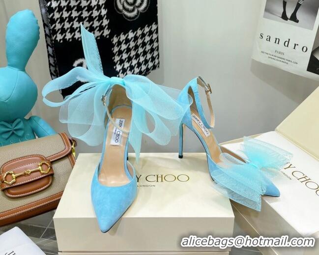 Grade Quality Jimmy Choo Suede High Heel Pumps 10cm with Large Mesh Bow Sky Blue 032303