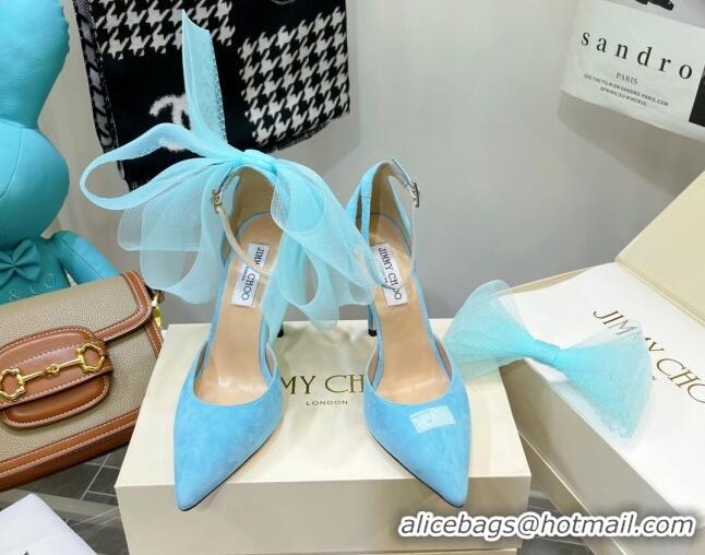 Grade Quality Jimmy Choo Suede High Heel Pumps 10cm with Large Mesh Bow Sky Blue 032303