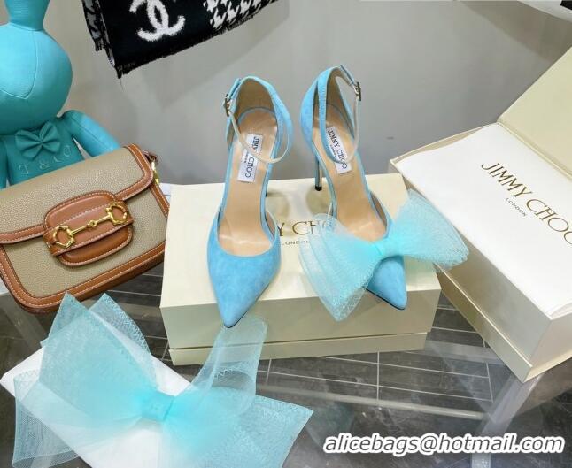 Grade Quality Jimmy Choo Suede High Heel Pumps 10cm with Large Mesh Bow Sky Blue 032303