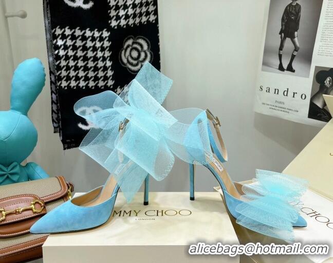 Grade Quality Jimmy Choo Suede High Heel Pumps 10cm with Large Mesh Bow Sky Blue 032303