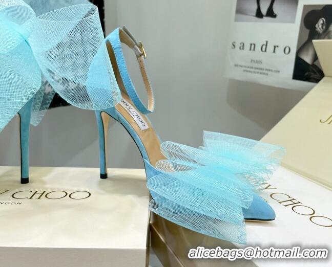 Grade Quality Jimmy Choo Suede High Heel Pumps 10cm with Large Mesh Bow Sky Blue 032303