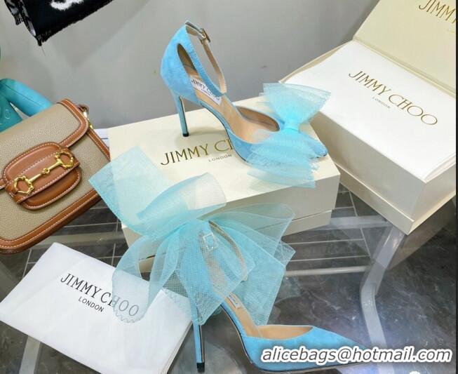 Grade Quality Jimmy Choo Suede High Heel Pumps 10cm with Large Mesh Bow Sky Blue 032303