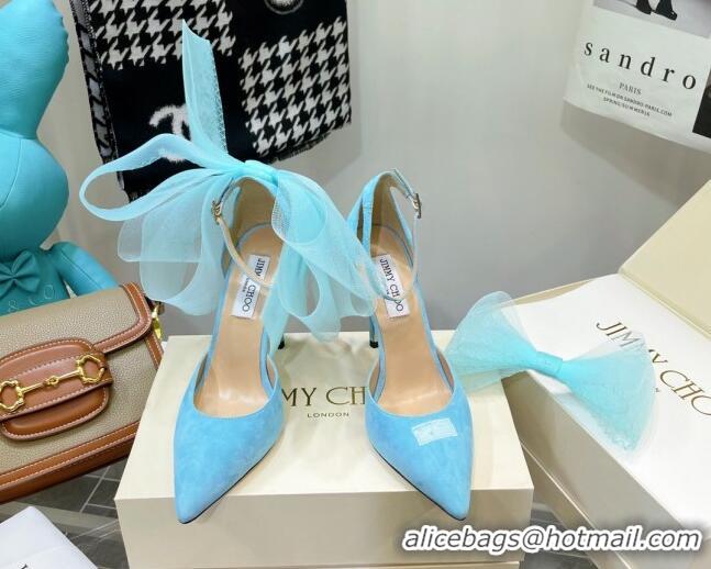 Grade Quality Jimmy Choo Suede High Heel Pumps 10cm with Large Mesh Bow Sky Blue 032303