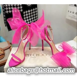 Pretty Style Jimmy Choo Suede High Heel Sandals 10cm with Large Mesh Bow Hot Pink 032305