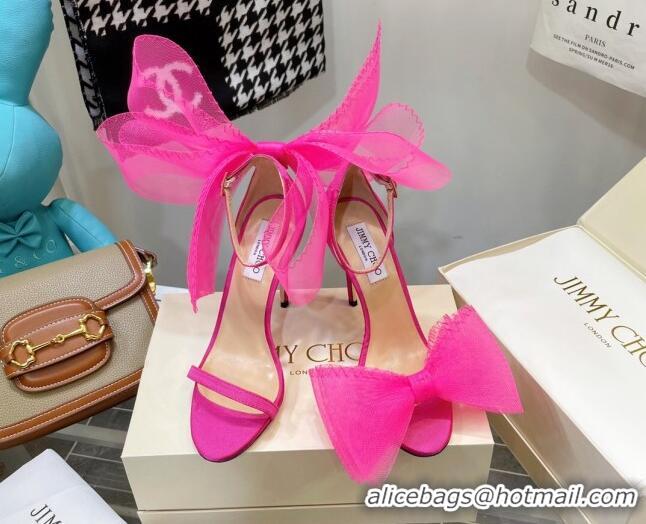 Pretty Style Jimmy Choo Suede High Heel Sandals 10cm with Large Mesh Bow Hot Pink 032305