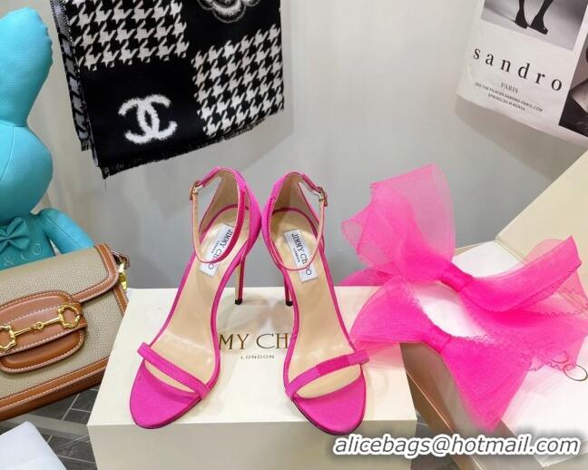 Pretty Style Jimmy Choo Suede High Heel Sandals 10cm with Large Mesh Bow Hot Pink 032305