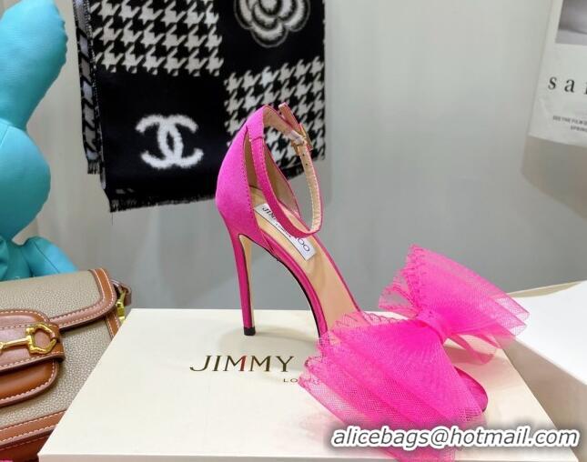 Pretty Style Jimmy Choo Suede High Heel Sandals 10cm with Large Mesh Bow Hot Pink 032305