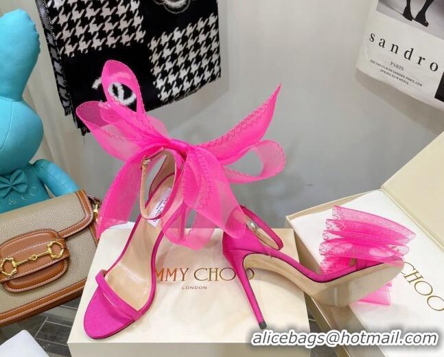 Pretty Style Jimmy Choo Suede High Heel Sandals 10cm with Large Mesh Bow Hot Pink 032305