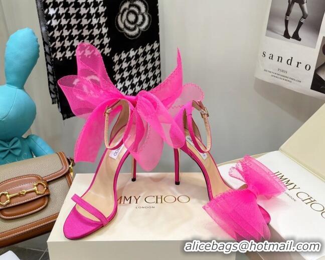 Pretty Style Jimmy Choo Suede High Heel Sandals 10cm with Large Mesh Bow Hot Pink 032305