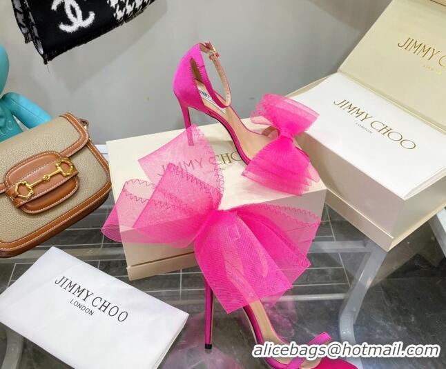 Pretty Style Jimmy Choo Suede High Heel Sandals 10cm with Large Mesh Bow Hot Pink 032305