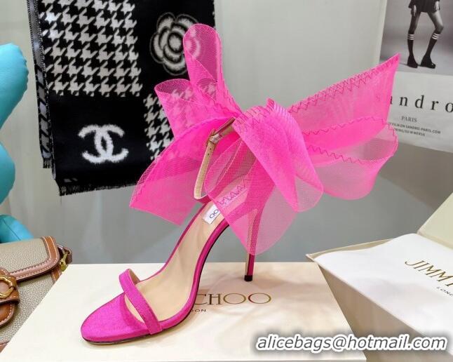 Pretty Style Jimmy Choo Suede High Heel Sandals 10cm with Large Mesh Bow Hot Pink 032305