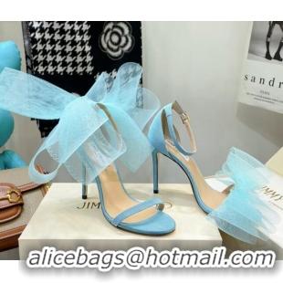 Best Grade Jimmy Choo Suede High Heel Sandals 10cm with Large Mesh Bow Sky Blue 032306