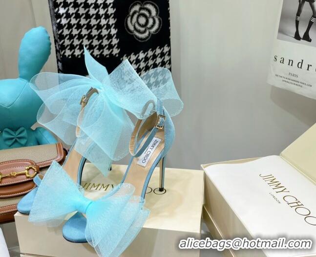 Best Grade Jimmy Choo Suede High Heel Sandals 10cm with Large Mesh Bow Sky Blue 032306