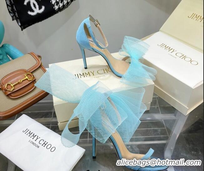 Best Grade Jimmy Choo Suede High Heel Sandals 10cm with Large Mesh Bow Sky Blue 032306