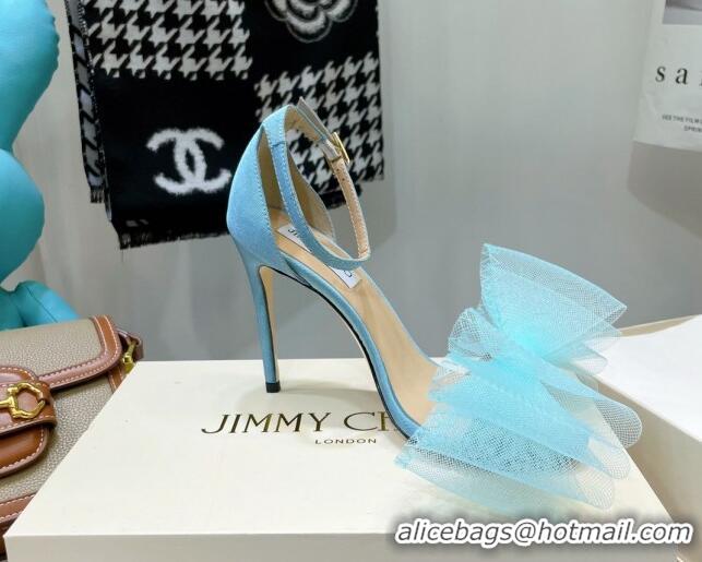 Best Grade Jimmy Choo Suede High Heel Sandals 10cm with Large Mesh Bow Sky Blue 032306