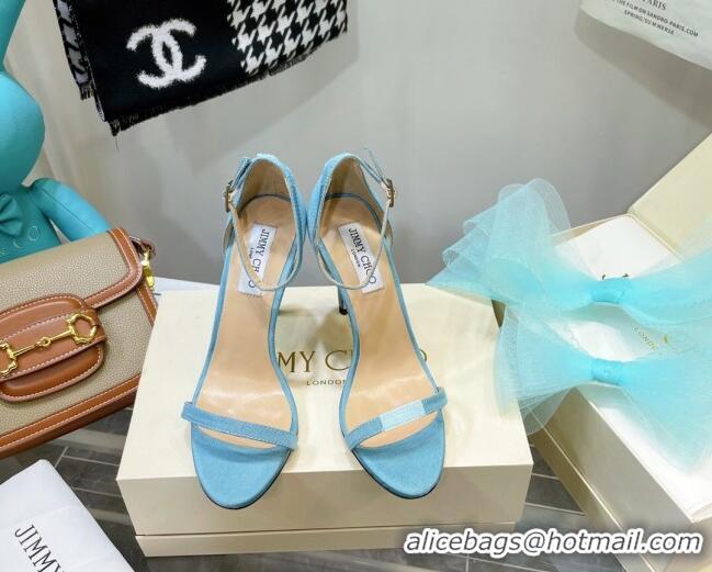 Best Grade Jimmy Choo Suede High Heel Sandals 10cm with Large Mesh Bow Sky Blue 032306