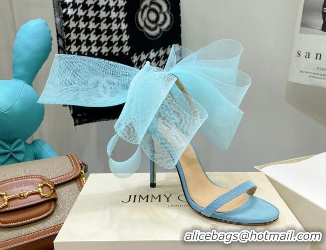 Best Grade Jimmy Choo Suede High Heel Sandals 10cm with Large Mesh Bow Sky Blue 032306