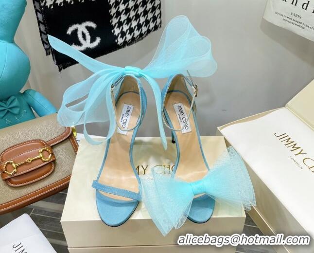 Best Grade Jimmy Choo Suede High Heel Sandals 10cm with Large Mesh Bow Sky Blue 032306