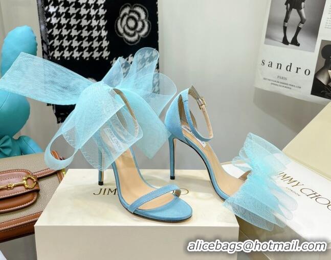 Best Grade Jimmy Choo Suede High Heel Sandals 10cm with Large Mesh Bow Sky Blue 032306