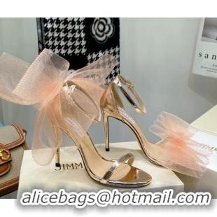 Low Price Jimmy Choo Leather High Heel Sandals 10cm with Large Mesh Bow Gold 032307