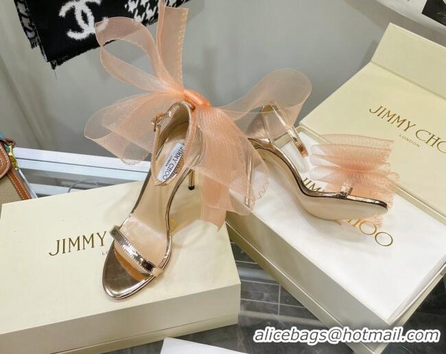 Low Price Jimmy Choo Leather High Heel Sandals 10cm with Large Mesh Bow Gold 032307