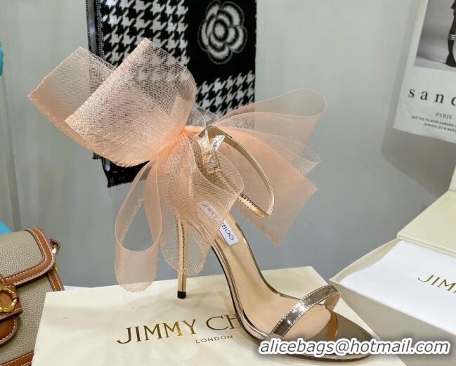 Low Price Jimmy Choo Leather High Heel Sandals 10cm with Large Mesh Bow Gold 032307