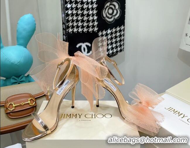 Low Price Jimmy Choo Leather High Heel Sandals 10cm with Large Mesh Bow Gold 032307