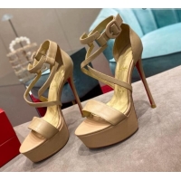 Discount Christian Louboutin Calf Leather High Heel Platform Sandals 15cm Nude 030768