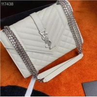 Top Grade SAINT LAURENT ENVELOPE MEDIUM BAG IN MIX MATELASSe GRAIN DE POUDRE EMBOSSED LEATHER 600185 BLANC VINTAGE&SILVE