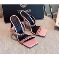 Best Grade Versace Silk Crystal Slide Sandals 11cm Light Pink 031924