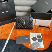 Reasonable Price SAINT LAURENT ENVELOPE MEDIUM BAG IN MIX MATELASSe GRAIN DE POUDRE EMBOSSED LEATHER 600185 BLACK&GOLD