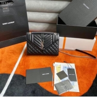 Top Quality SAINT LAURENT ENVELOPE MEDIUM BAG IN MIX MATELASSe GRAIN DE POUDRE EMBOSSED LEATHER 600185 BLACK&SILVER