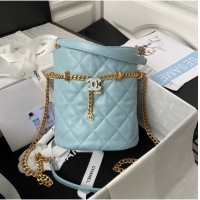 Luxury Cheap Chanel Drawstring Bag & Gold Metal AS3116 sky blue