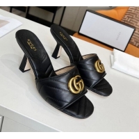 Pretty Style Gucci Diagonal Leather Medium Heel Slide Sandals with Double G Black 030573