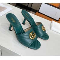 Low Price Gucci Diagonal Leather Medium Heel Slide Sandals with Double G Green 030575