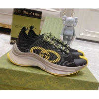 Expensive Gucci Run Sneakers in Interlocking G Knit Fabric Black/Yellow 032544