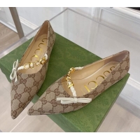 Discount Gucci GG Canvas Ballet Flat with 'GUCCI' Bow Brown 032549