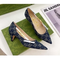 Stylish Gucci GG Denim Pumps 5.5cm with 'GUCCI' Bow Blue 032852