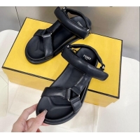 Hot Style Fendi Feel Leather Flat Sandals Black 032234