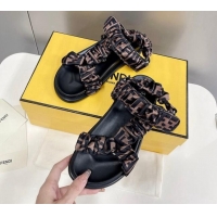 Stylish Fendi Feel FF Silk Flat Sandals Brown 032236