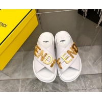 Luxury Fendi Fendigraphy Leather Lettering Flat Slide Sandals White 032237