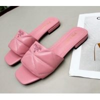 Best Grade Prada Calf Leather Flat Slide Sandals Pink 032373