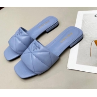 Low Cost Prada Calf Leather Flat Slide Sandals Blue 032374