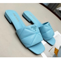 Best Price Prada Calf Leather Flat Slide Sandals Blue 032377