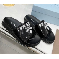 Top Grade Prada Sequins Flat Slide Sandals Black 032387