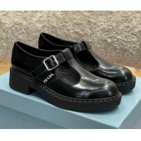 1:1 aaaaa Prada Brushed-Leather Mary Jane T-strap Shoes/Loafers Black 032617