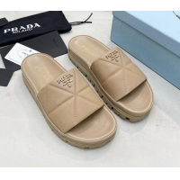 Stylish Prada Calf Leather Flat Slide Sandals Beige 032880