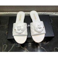 Duplicate Chanel Quilted Lambskin Slide Sandals 2.5cm with Bloom Charm White 032205